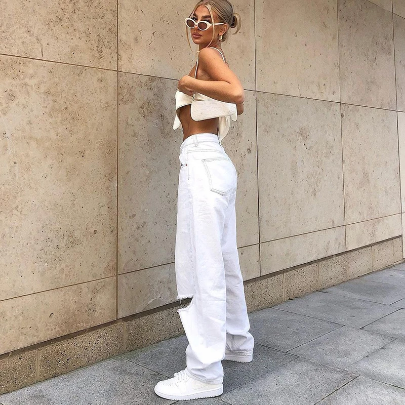 Mid Waist Boyfriend Fashion Loose Destroyed Women's Classic Hole Baggy Jeans White Women's Vintage Pants Wide Leg Jeans Trousers