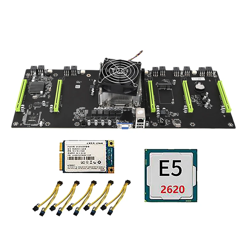 ETH79-X5B BTC Mining Motherboard With E5 2620 CPU+128G SSD+Fan+5 Power Cord H61 LGA2011 80Mm PCIE 16X Slot For RTX 3060