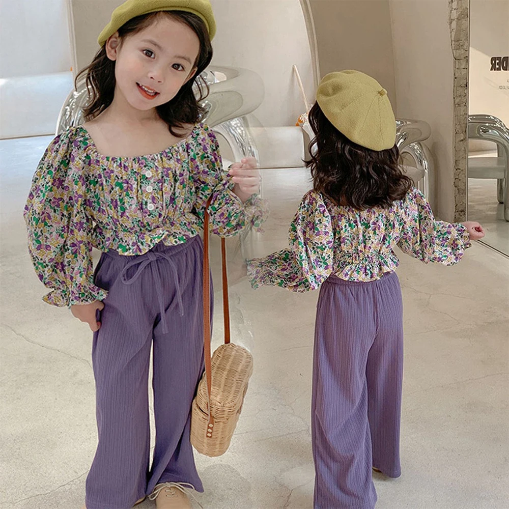 

Melario Spring New Girls Clothing Sets Korean Kids Costumes Floral T-shirt Tops+Wide Leg Pants Baby Kids Suit Children Clothing