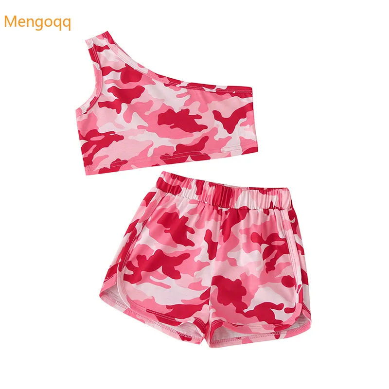 

Модный летний Камуфляжный топ с диагональным воротником для девочек, жилет, шорты, штаны, детская одежда для маленьких принцесс, комплект из...