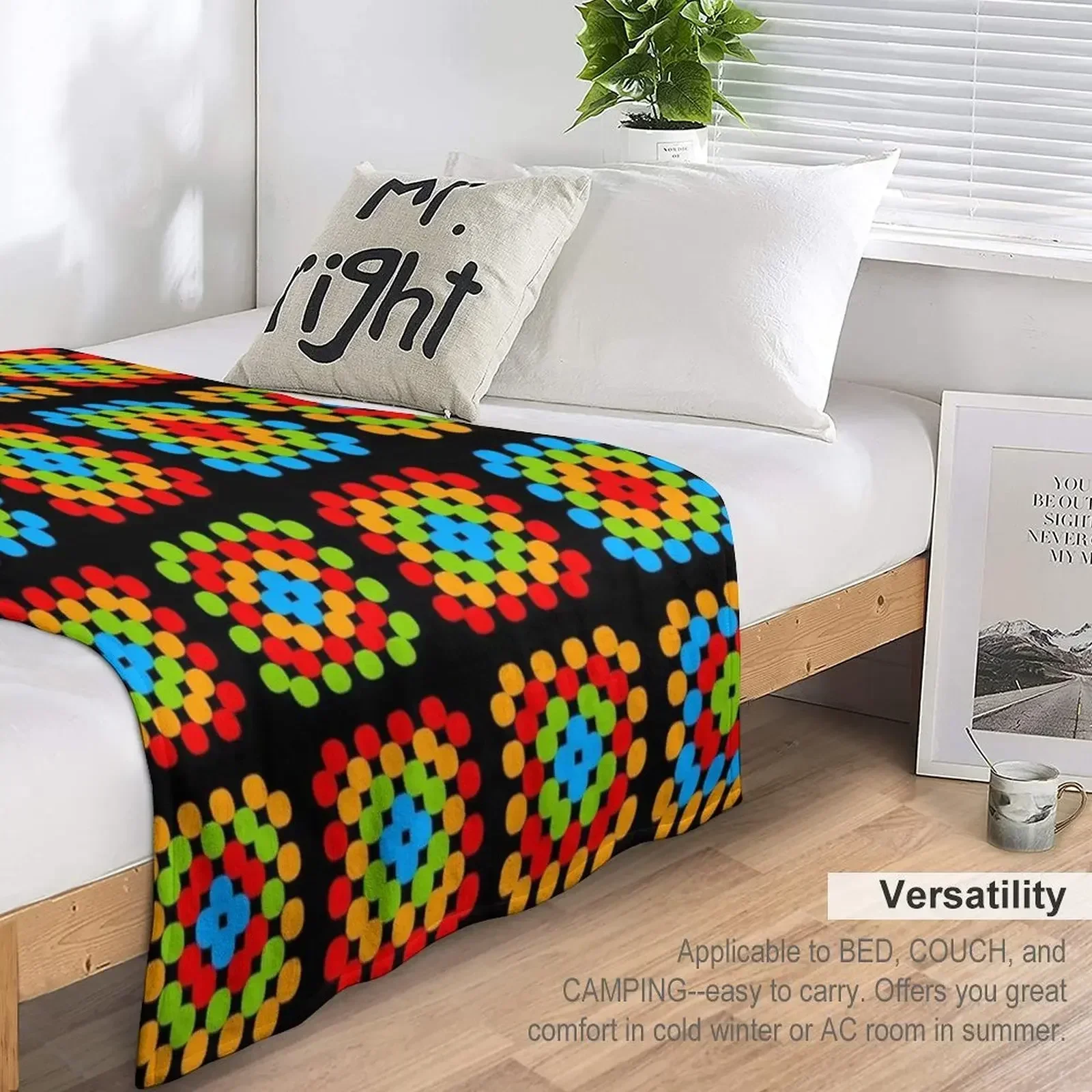 Бабушки Квадраты черный фон синий оранжевый зеленый плед туристическое