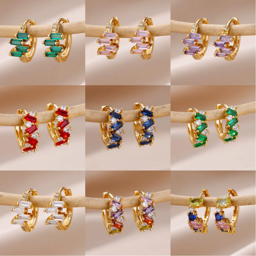 

Rainbow Colored Cubic Zirconia Hoop Earrings For Women Gold Color Stainless Steel Zircon Earring Cuff Piercing Jewelry Gift 2023