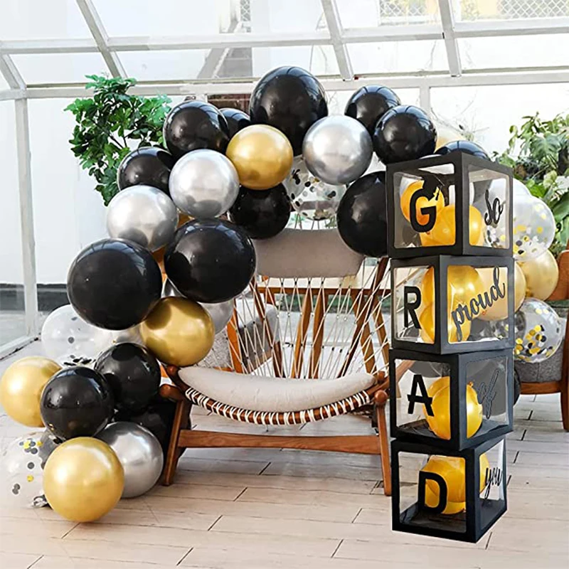 

4 Pcs Black Balloons Box for Graduation Party Decorations Proud of You GRAD Black Boxes School Grad Party Decorations Supplies