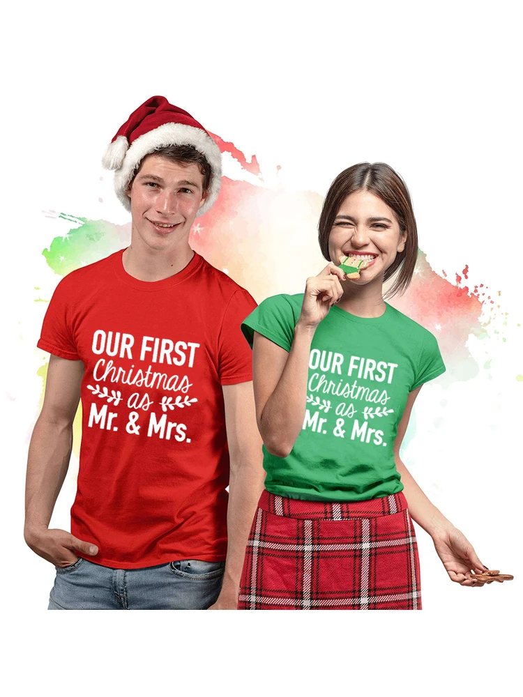 

Пары на первый Рождество, Женская парная модель, наш первый Рождество как рубашка мистер и миссис, веселая фотография
