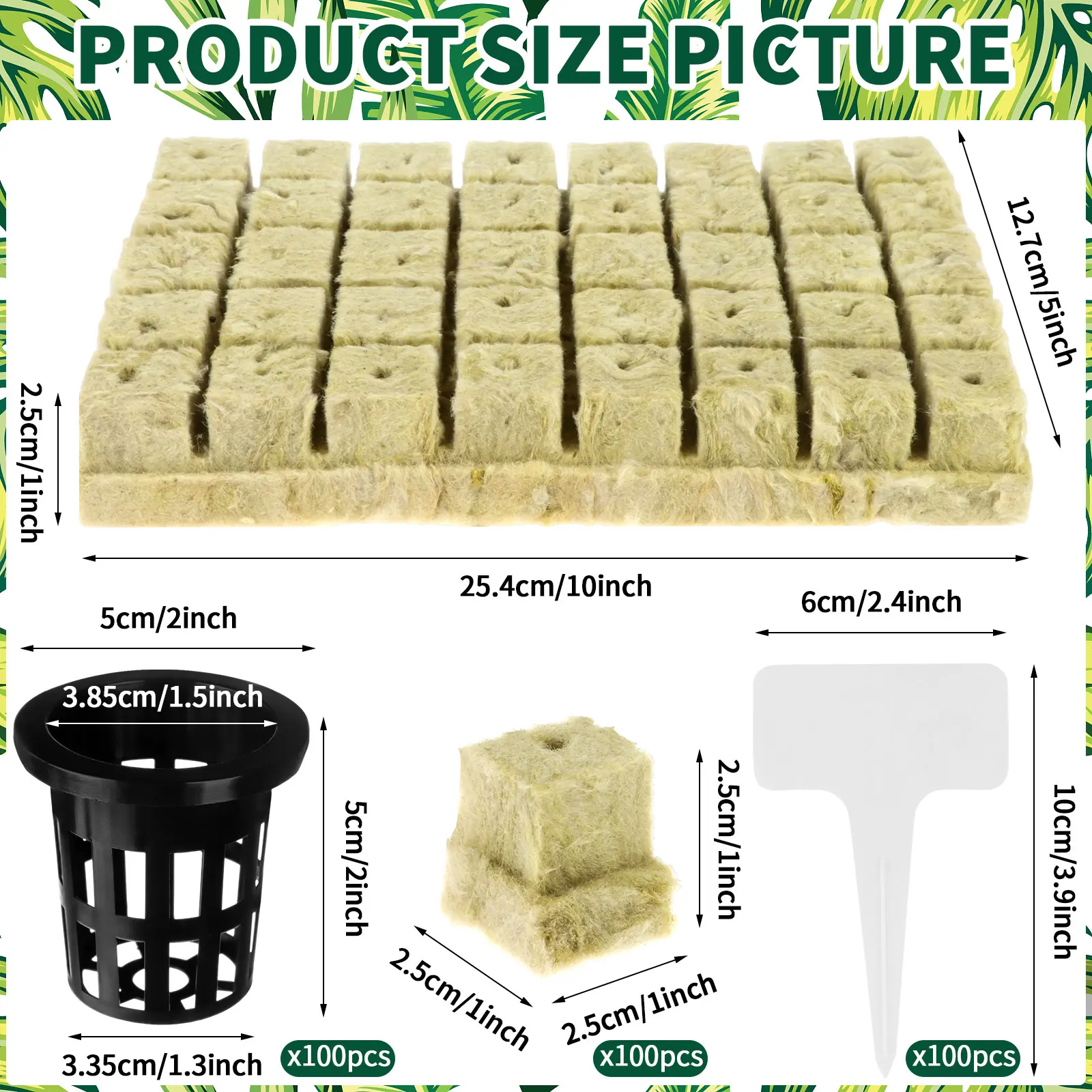 

100 Set with Net Pots, Including 100 Packs 2 Inches Plastic Net Pots, 100 Packs Rock Wool Planting and