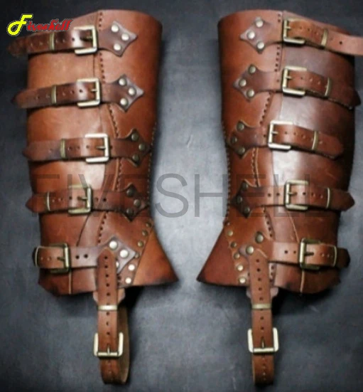 Halloween Medieval Viking Renaissance Greaves Boots Shoes Cover Leather Leg Armor Larp Warrior Knight Costume Strap Puttees