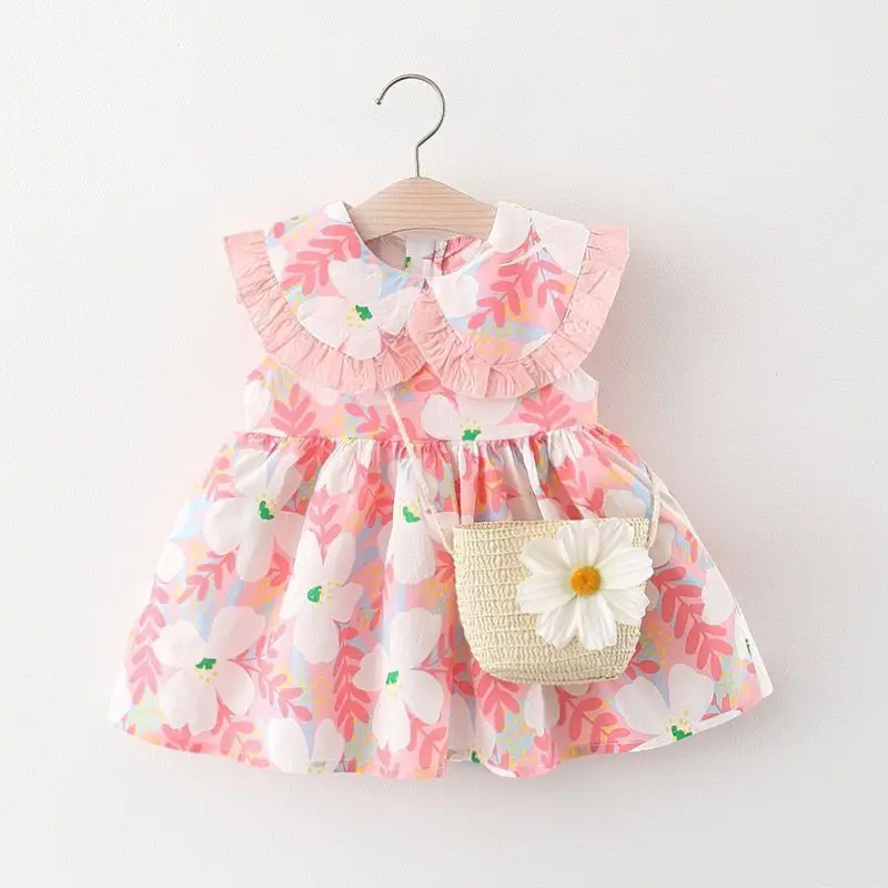 

Summer Newborn Baby Clothes Baby Girl Clothes Cute Flowers Sleeveless Cotton Toddler Dresses+bag Birthday Dress for Baby Girl