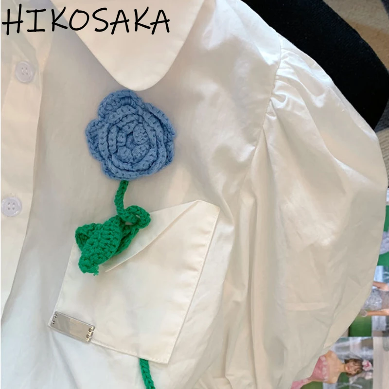 Простые рубашки Ehite блузка с отложным воротником и пышными рукавами Корейская