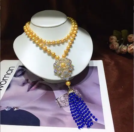 925s silver Natural freshwater pearl Peacock  blue jade tassel chain 8-9mm necklace pendant zircon crystal jewelry