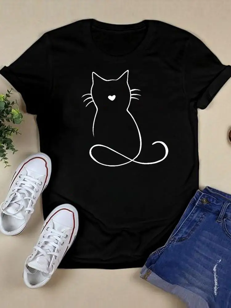 

Футболка женская с рисунком кошки, Милая футболка с коротким рукавом и графическим принтом животного, модная рубашка черного цвета, на лето