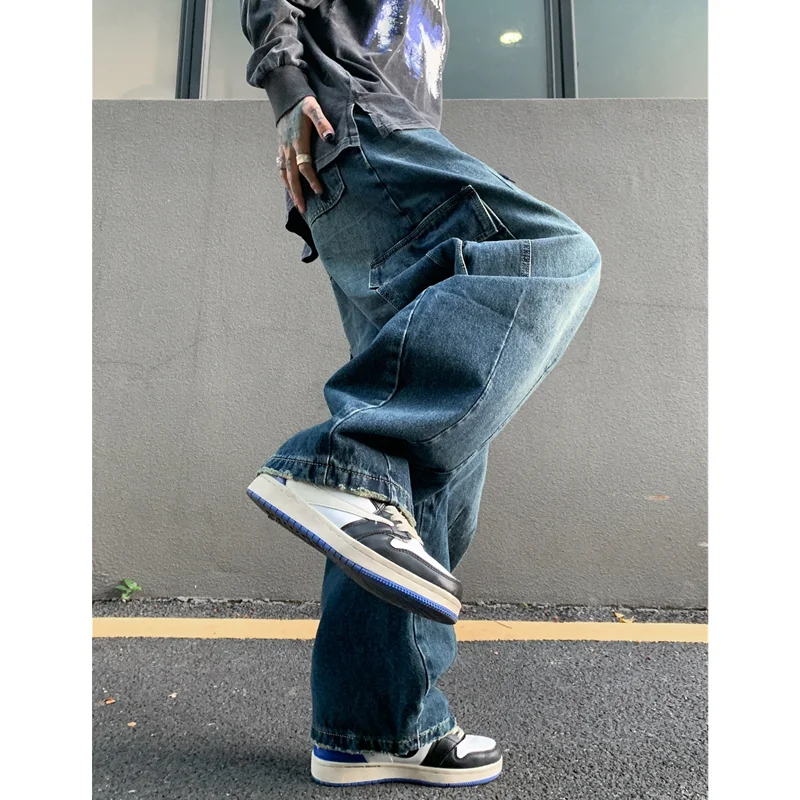 Men Clothing New Pattern Recreational Vintage Broad Leg Blue Jeans Straight Cylinder Big Pocket Loose Cargo Pants Autumn Female