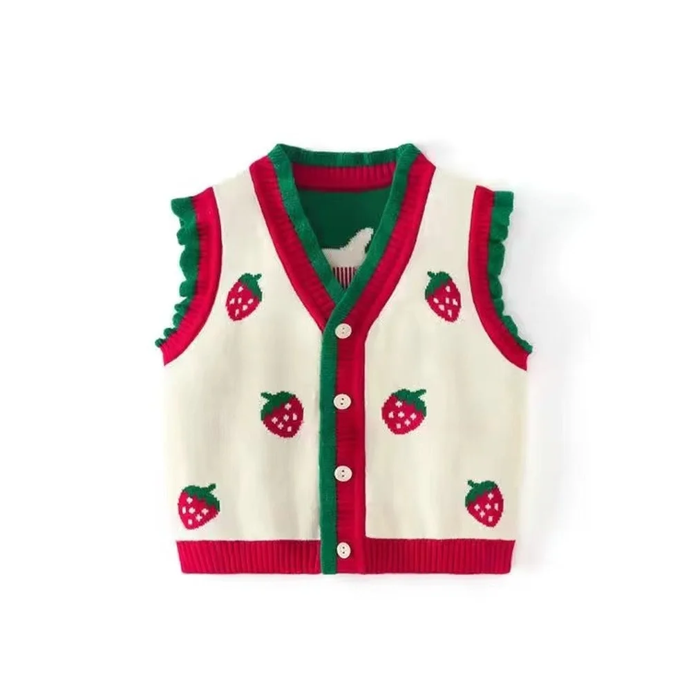 

Strawberry Sweet Girls Knit Waistcoats 0-6yrs Infants Clothes Sleeveless Knitted Sweater Cardigan Cute Baby Childrens Outwear