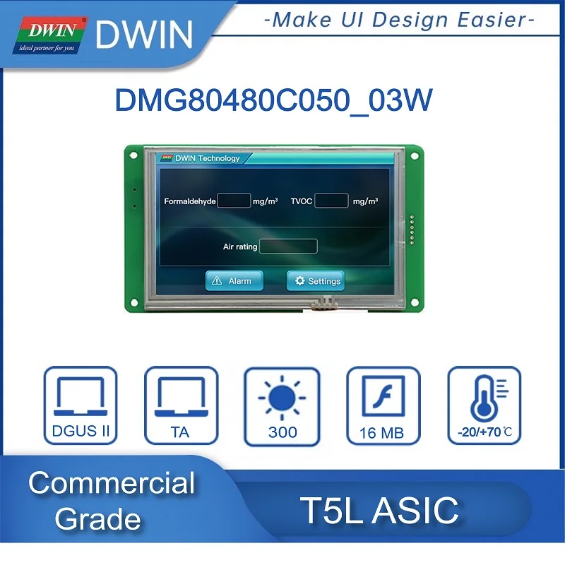 

5.0 Inch 800*480 Pixels Resolution , 16.7M Colors, TN-TFT-LCD, normal viewing angle. Commercial Grade