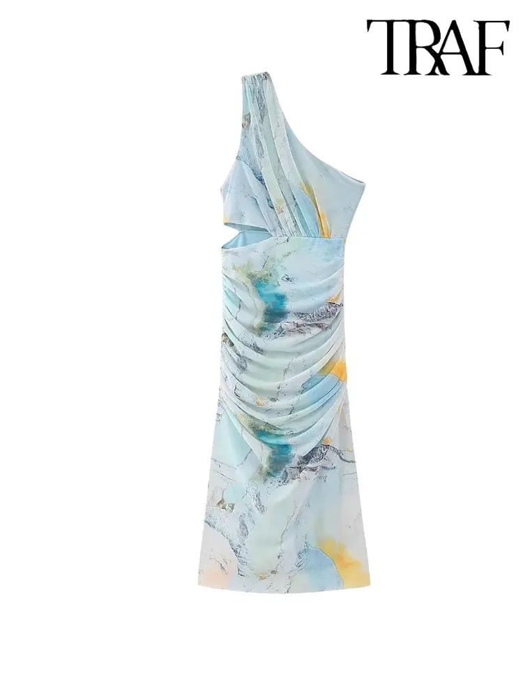 

TRAF 2023 Summer Woman Hollow Out Print Silk Mesh Long Dress Fashion Single Shoulder Sleeveless Causal Elegant Dresses