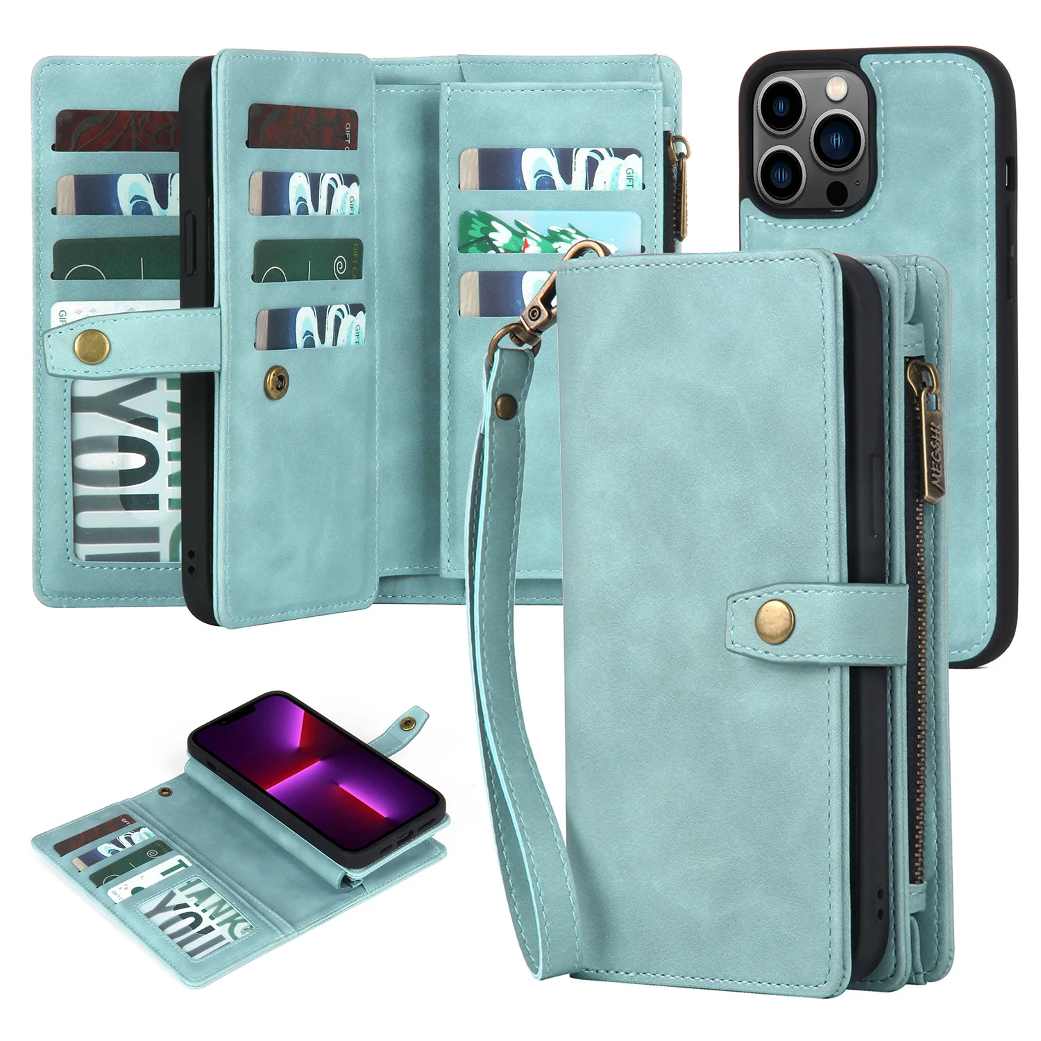 

Anti-knock Kickstand Holder Wallet Detachable Flip Case For Iphone 14 13 12 15 Pro Max Plus Cover Multi-functional Zipper Cases