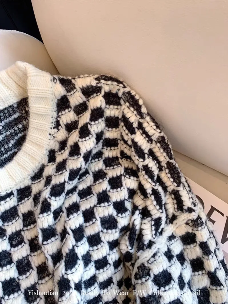 Женский Повседневный джемпер в клетку свободный трикотажный свитер контрастных