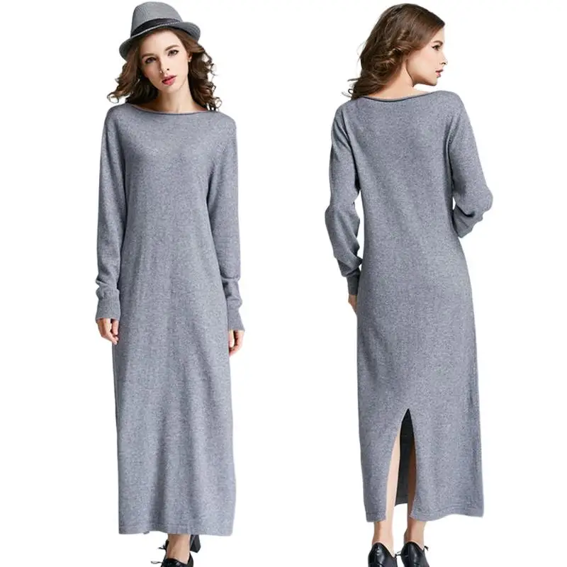 

2023 Spring and Autumn Female O-neck Cashmere maxi Sweater Dress Casual Solid Knitting Women Dress