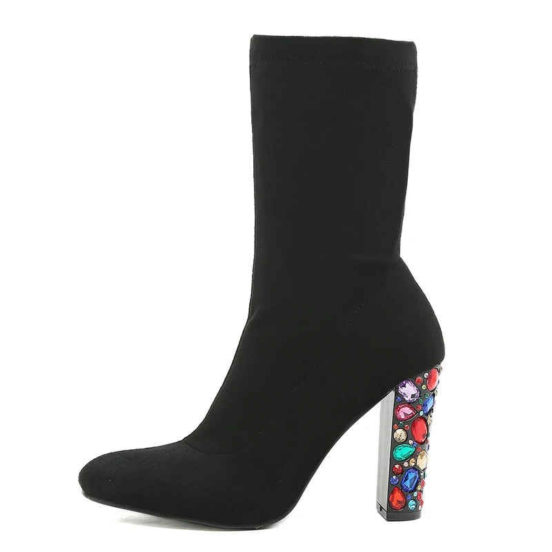 Autumn Winter Pointed Thick Heel Sequins Women's Boots Solid Color Black Fashion Ankle Boots Short Tube Slip On Elastic Fabric