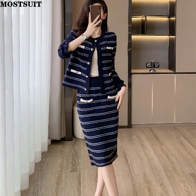 

Женский винтажный Трикотажный костюм, элегантный кардиган с длинным рукавом и юбка с поясом на резинке