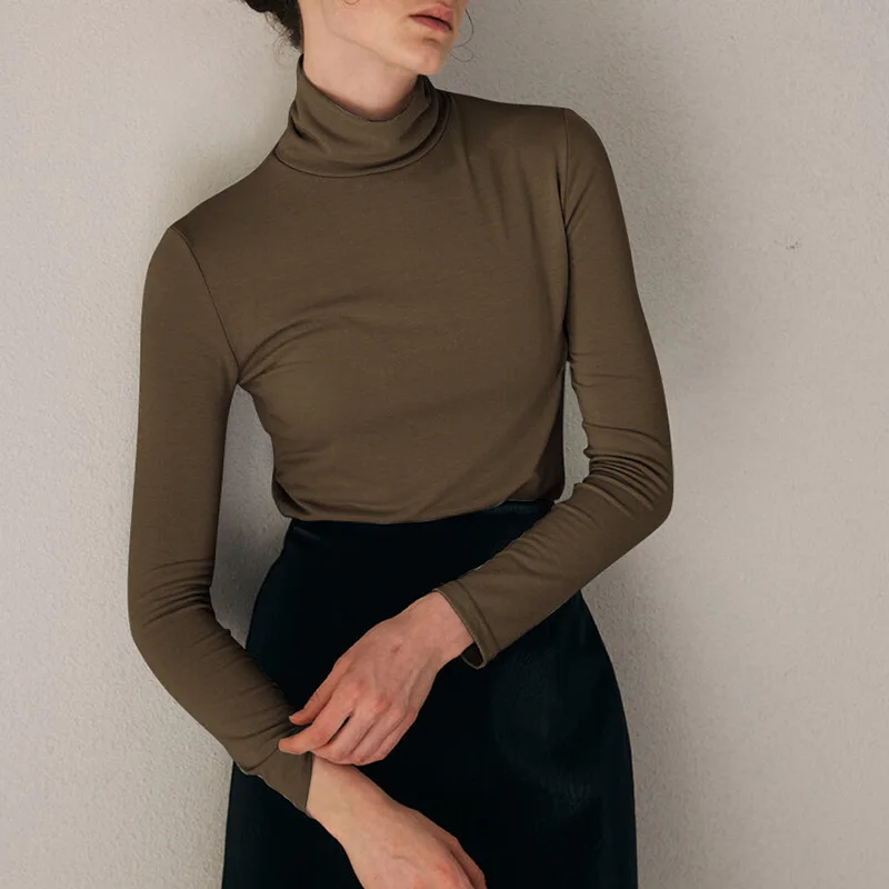 

Женский эластичный Топ из мягкой вискозы с длинным рукавом, винтажная однотонная водолазка в стиле Харадзюку, футболка с подолом, женская одежда в Корейском стиле