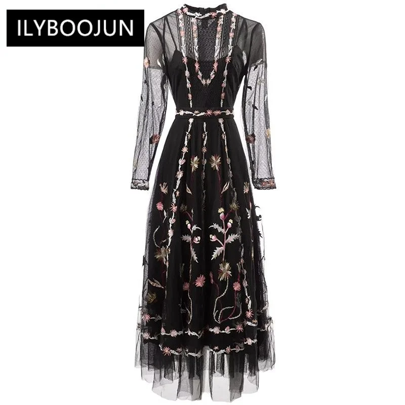 

Summer O-Neck Lace Long Sleeve Flower Embroidery Ruffled Edge Dresses For Women 2023 Runway Luxury Designer High Quality Elegant