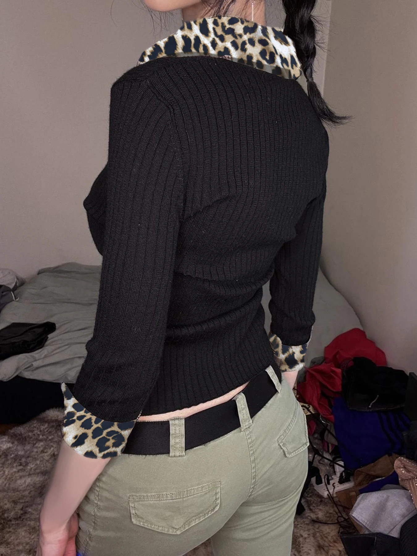 Sweetown Леопардовые блузки с отложным воротником и пуговицами женские длинными