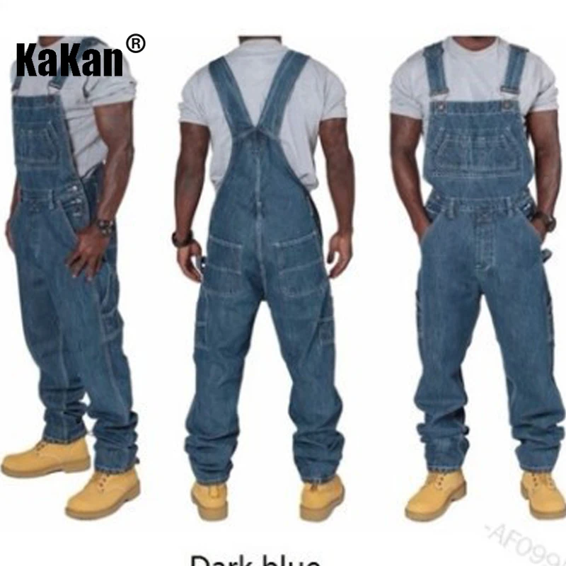 Kakan - European and American New Versatile One Piece Strap Jeans for Men, Simple Multi Pocket Loose Fit Jeans K54-Q003