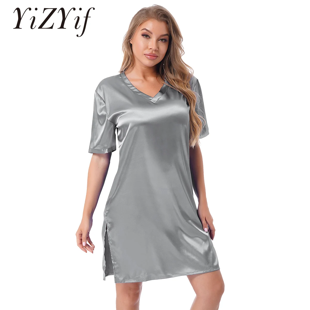 Женская атласная Классическая ночная рубашка с V-образным вырезом одежда для сна