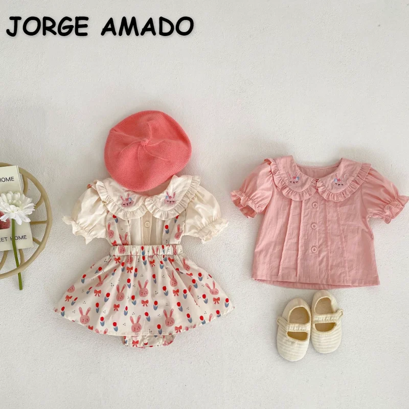 

New Summer Baby Girl Cute Set Embroidery Peter Pan Collar Puff Sleeve Doll Shirt+Rabbit Ear Strap Bodysuit Newborn Clothes E2697