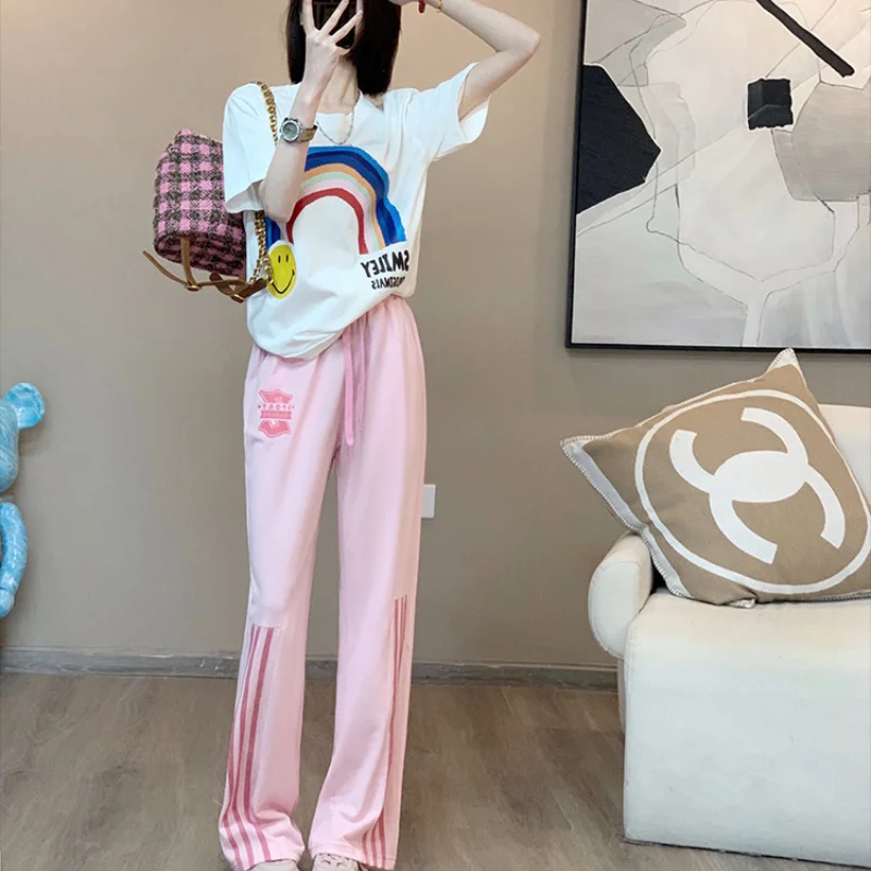 

Fashion Sports Suit Women Summer New Loose Cotton Age Reducing Rainbow Cartoon Short Sleeve Casual Wide Leg Pants Two Piece Set