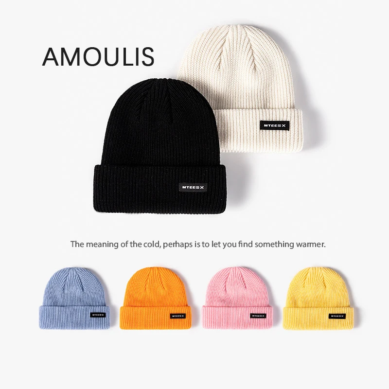 

AMOULIS Winter Knitted Hats for Women and Men Fashion Patch Letter Skullies Beanies Casual Warm Ski Caps Female Melon Cap Unisex
