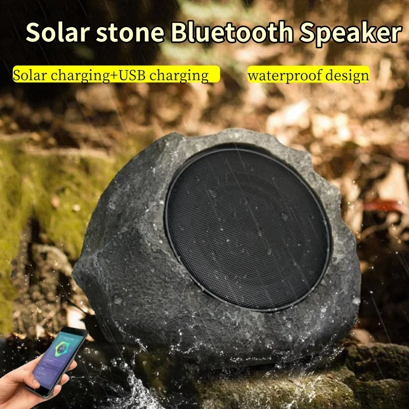 Фото Наружная водонепроницаемая солнечная зарядка, беспроводные Bluetooth-колонки, садовая каменная музыкальная шкатулка, рок с дистанционным управлением, USB-звуковая коробка TWS №2
