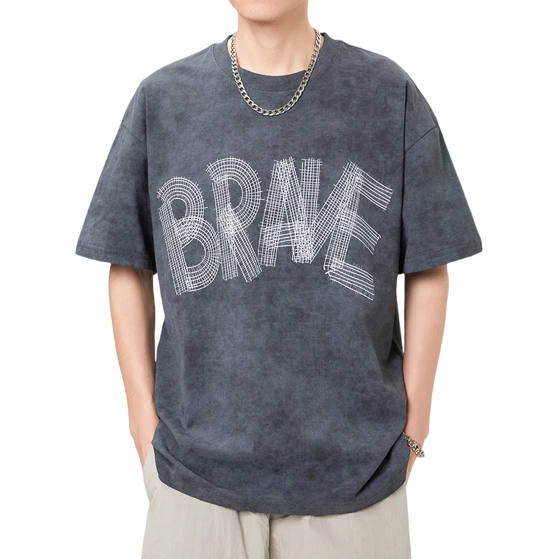 Модная и удобная свободная Мужская футболка американская вязаная иглой с