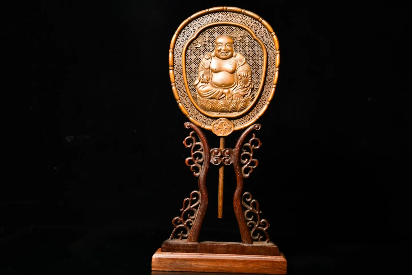 

12"Chinese Folk Collection Boxwood Maitreya fan shape screen Enjoy the screen Gather fortune office ornament Town house Exorcism