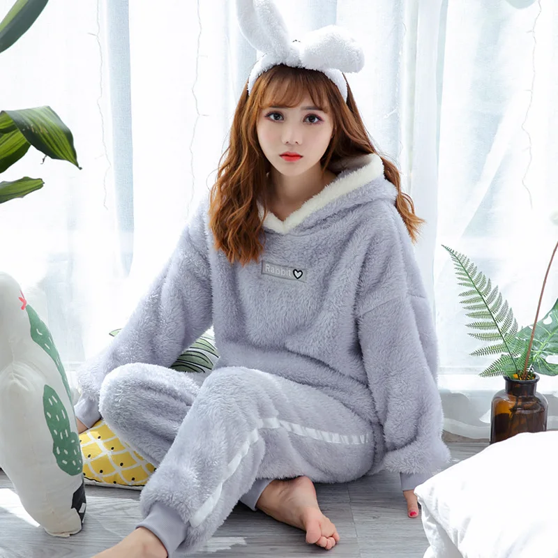 Winter Warm Thick Pajamas Set Women's Sleepwear Nightwear Hooded Pants Flannel Women Long Sleeve Pyjamas Homewear Drop Shipping