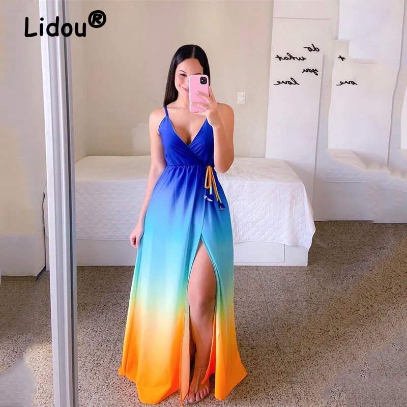 

Summer Elegant Sleeveless Sling Party Sexy Split Deep V Neck Backless Lady Maxi Dresses Tie-Dye Printed Women Beach Long Dress