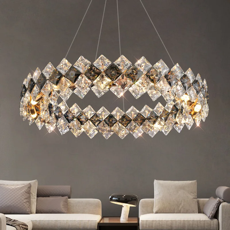 

2022 New Living Room Chandelier Light Luxury Crystal Lamp Smoke Gray High-end Atmosphere Restaurant Lamp Bedroom Lamp