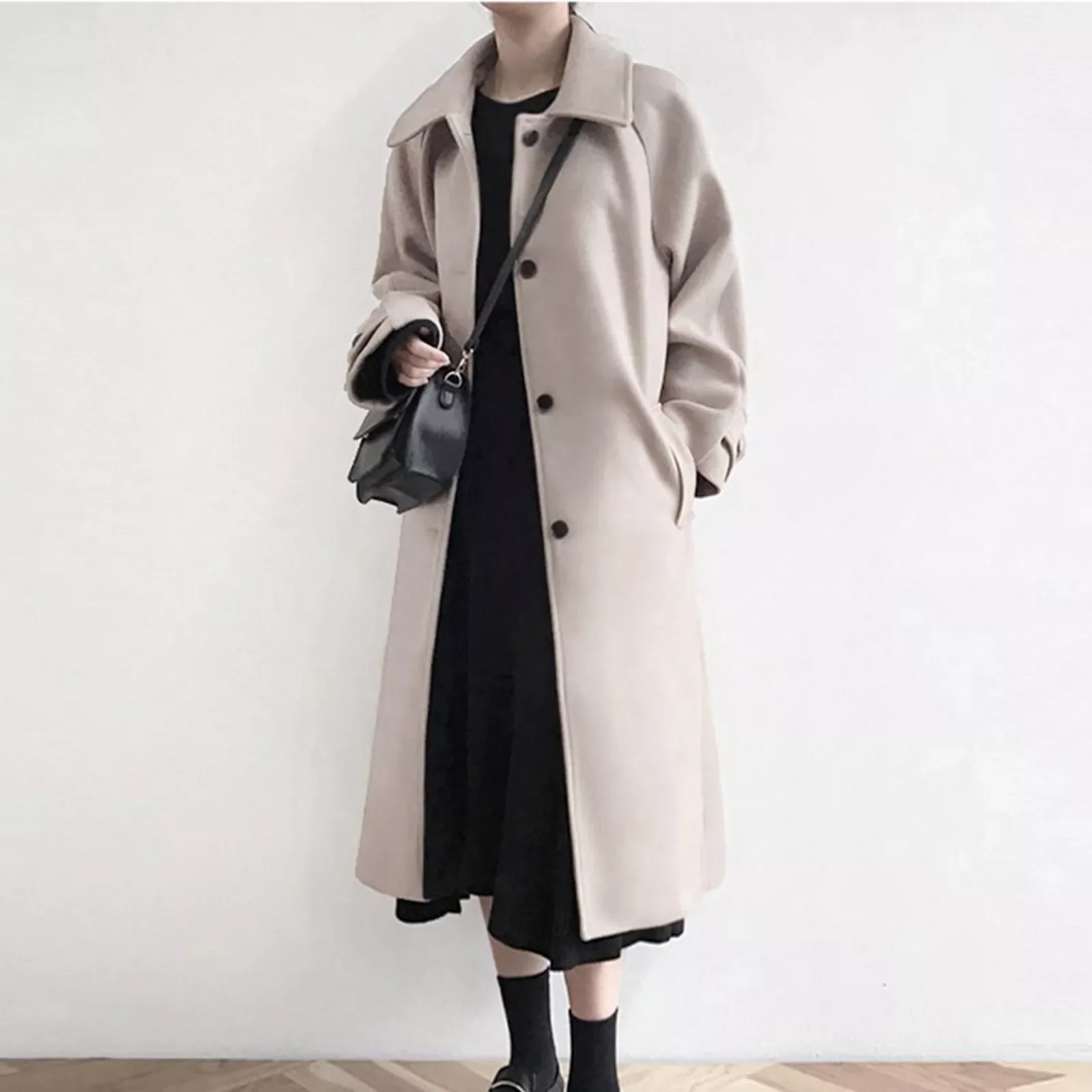 

Womens Solid Color Work Long Coat Lapel 2021 Winter Office Overcoat Vintage Ladies Long Sleeve Button Down Jacket Veste Femme