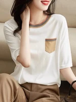 knitted clothes for women t shirt 2022 summer fashion pockets top o neck striped tshirt loose casual short sleeve tees ladies