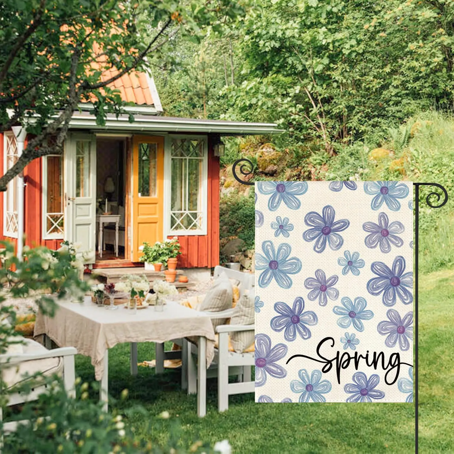 Фото Флаг AVOIN colorlife Spring Floral Garden, 12x18 дюймов, двусторонний, для улицы, с сезонными сине-фиолетовыми цветами, в деревенском стиле, для двора, SSL №3