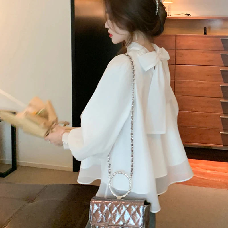 Блузка женская свободного покроя с рукавами-фонариками и бантом 152i - купить по