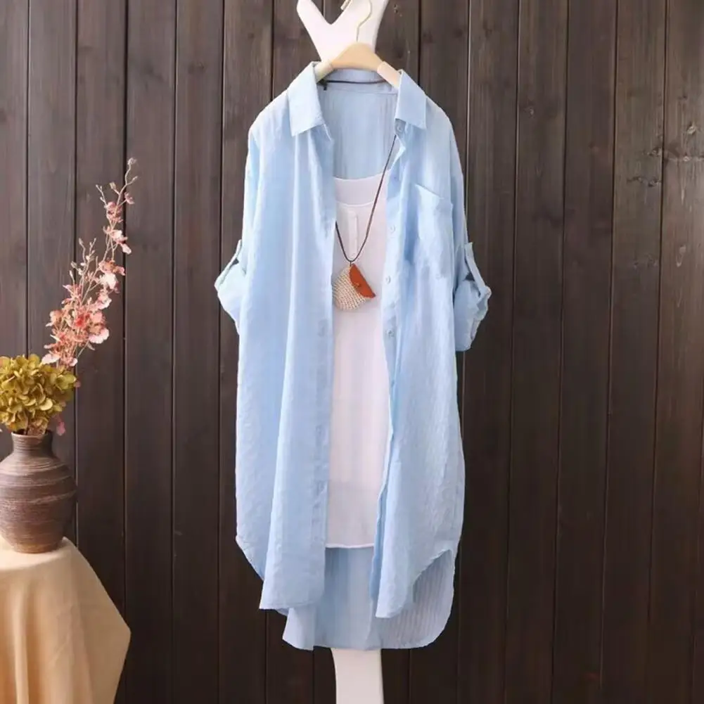 

Women Fall Shirt Korean Style Women's Loose Single-breasted Long Shirt with Plaid Print Three Quarter Sleeves Irregular Hem