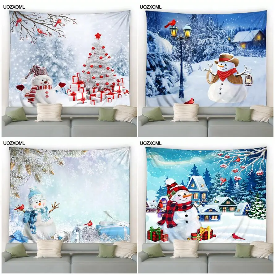 Christmas Tapestry Snowman Xmas Trees Fir Branch Red Birds Winter Landscape New Year Garden Home Living Room Decor Wall Hanging