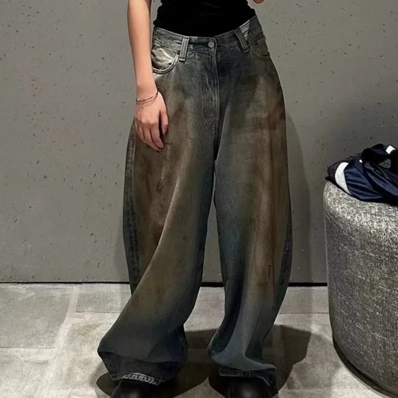 Окрашенные в грязь старые свободные повседневные джинсы потертые широкие брюки