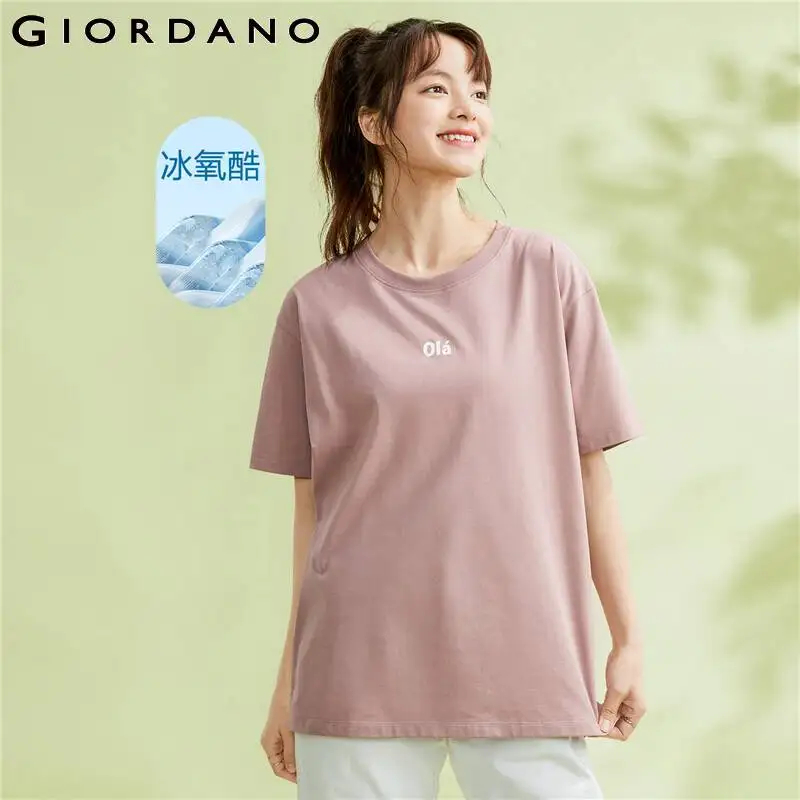 

GIORDANO Women T-Shirts High-Tech Cooling Letter Print Comfort Tee Crewneck Short Sleeve Summer Relaxed Fashion Tshirts 05323401