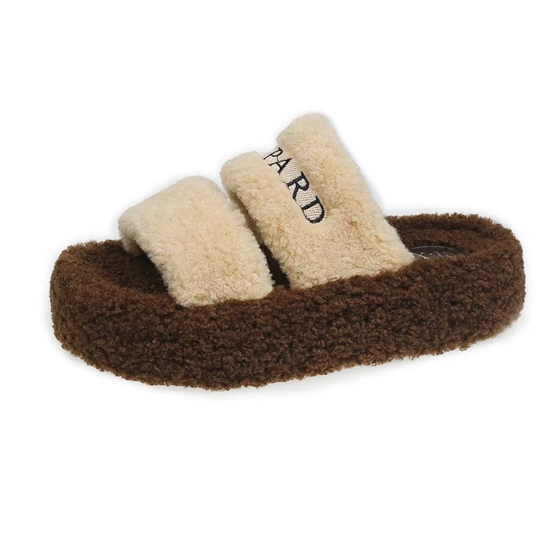 Шлепанцы женские из овечьей шерсти с вышивкой и надписью на толстой подошве