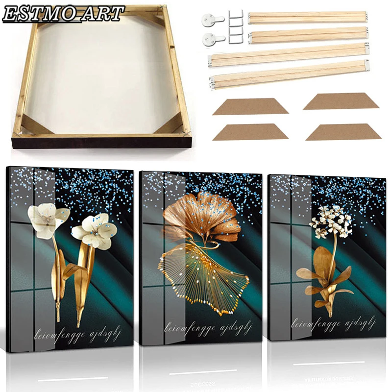 Canvas Prints Green Gold Leaf Luxury Poster With Frame Rich Tree Deer Silk Landscape Wall Art Painting Picture Modern Abs