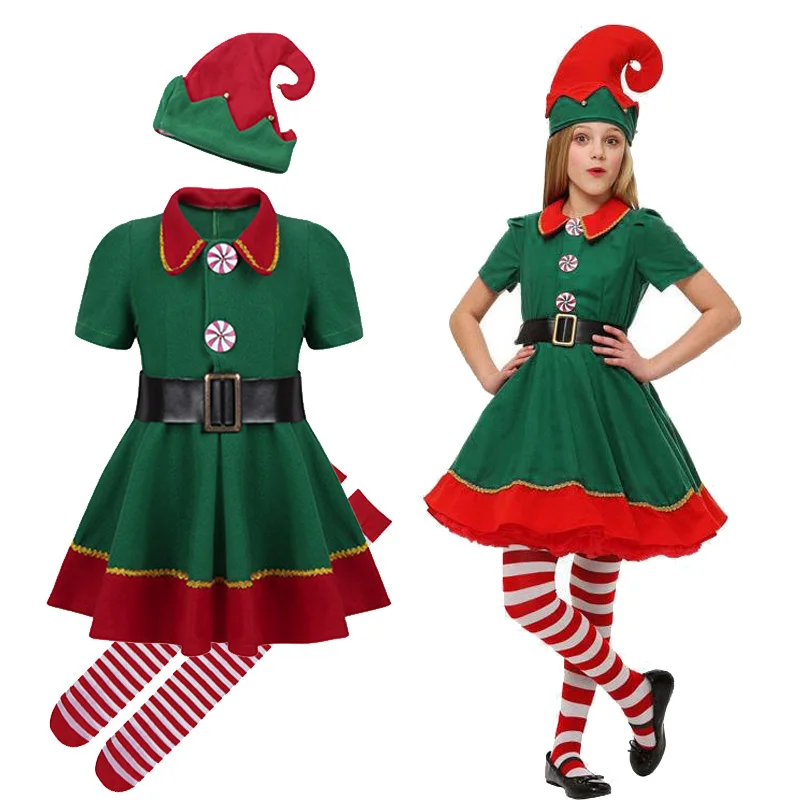 

Взрослые Дети Рождество Санта Клаус Косплей Костюм Зеленый эльф косплей семья новый год фотоплатье одежда