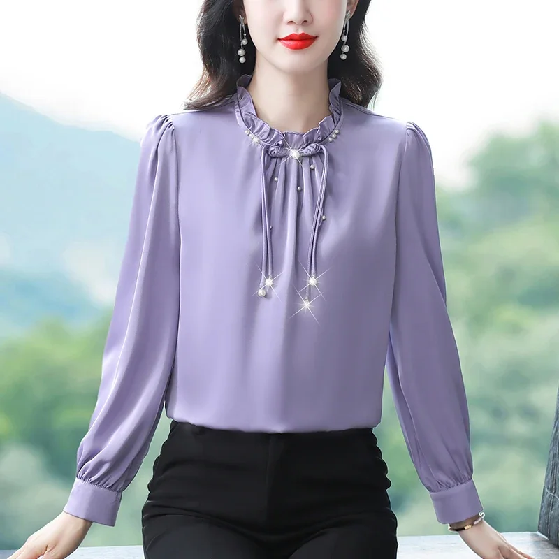 Женская шифоновая блузка с длинным рукавом воротником-стойкой