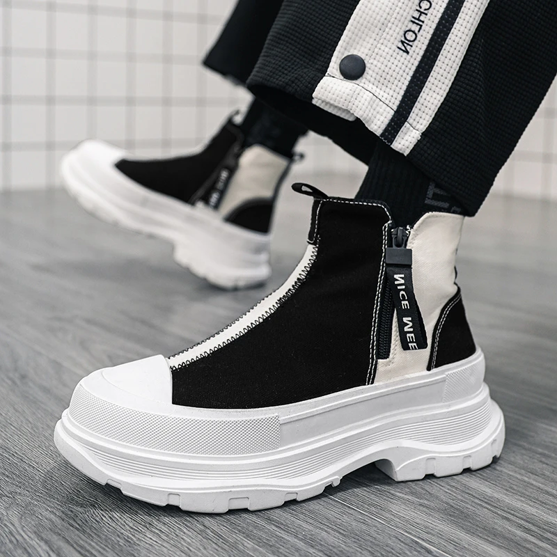 

Кроссовки мужские на платформе 7 см, повседневные холщовые ботильоны, высокие Лоскутные сникерсы на молнии, дышащая Спортивная обувь